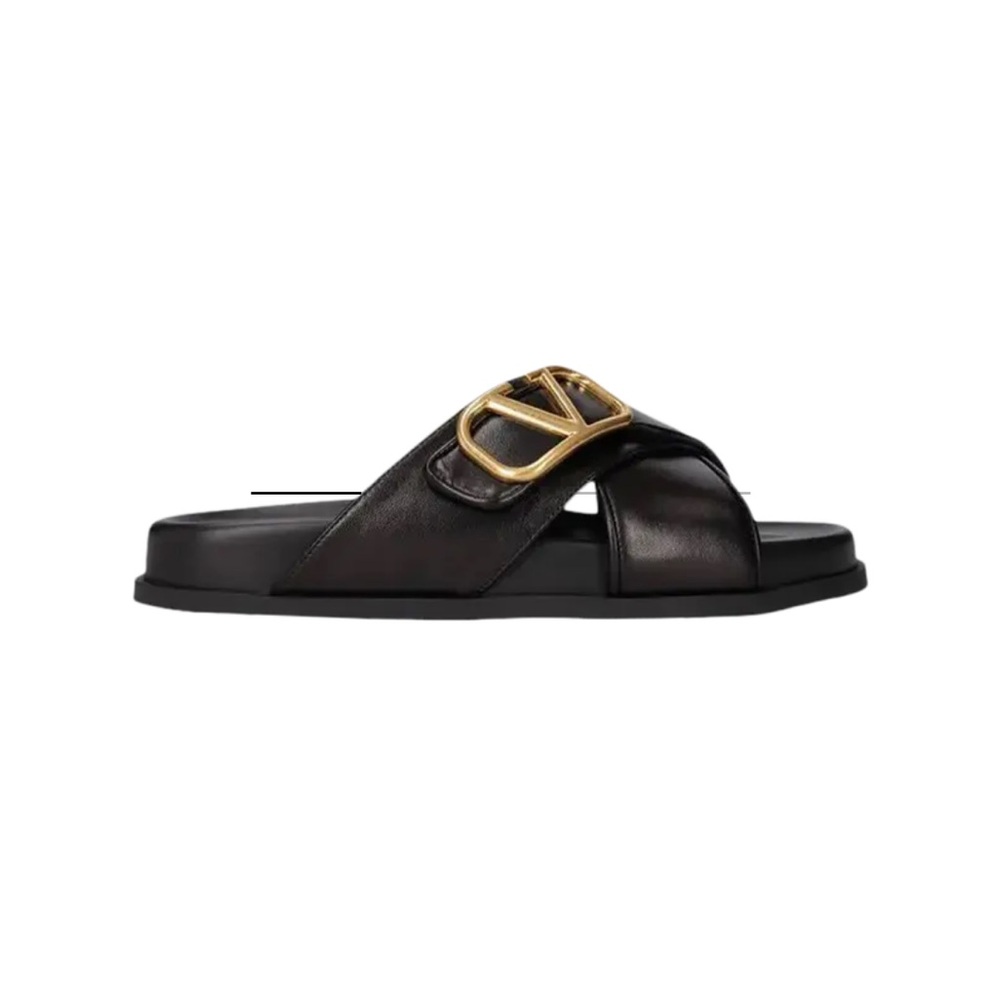 Authentic Valentino Garavani Black leather gold logo plate Slides Size 40 EUC! - Picture 4 of 16